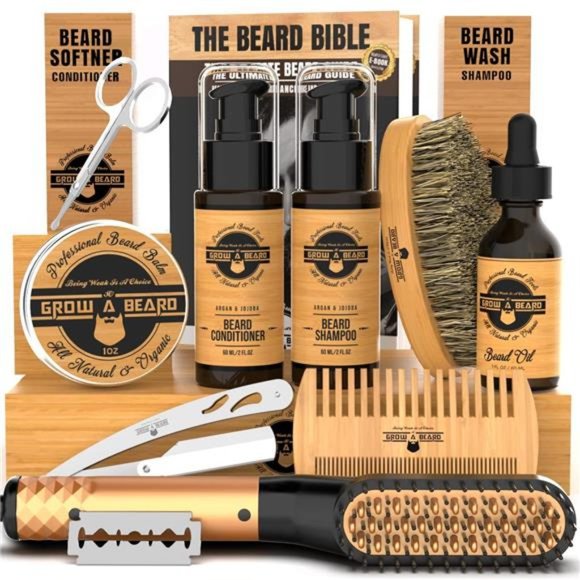 Beard Straightener Grooming Kit for Men, Beard Growth Oil, Sandalwood Balm - Picture 1 of 7